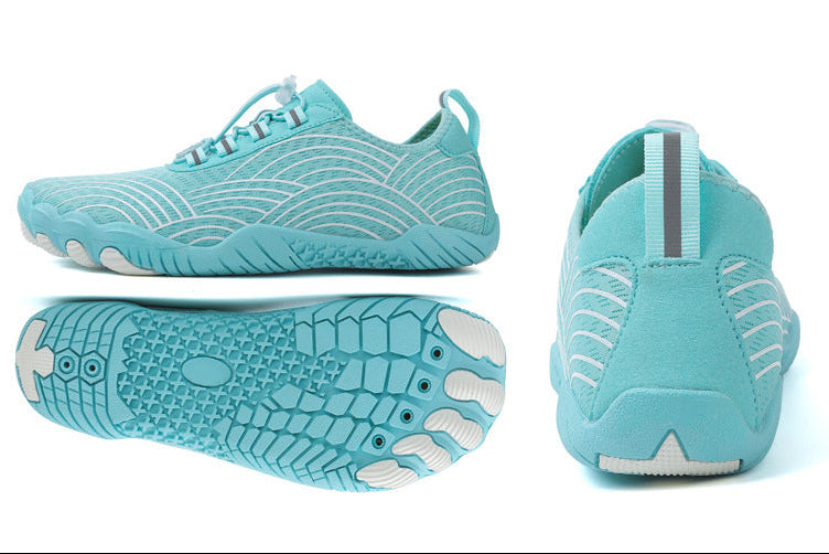 A pair of light aqua blue athletic sneakers shown from multiple angles, including top, side, sole, and back views. The shoes feature a textured knit upper, white wave-like line patterns, white laces, and a bright yellow interior lining visible on one shoe.