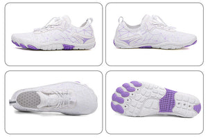 White and purple athletic shoes with a colorful abstract background