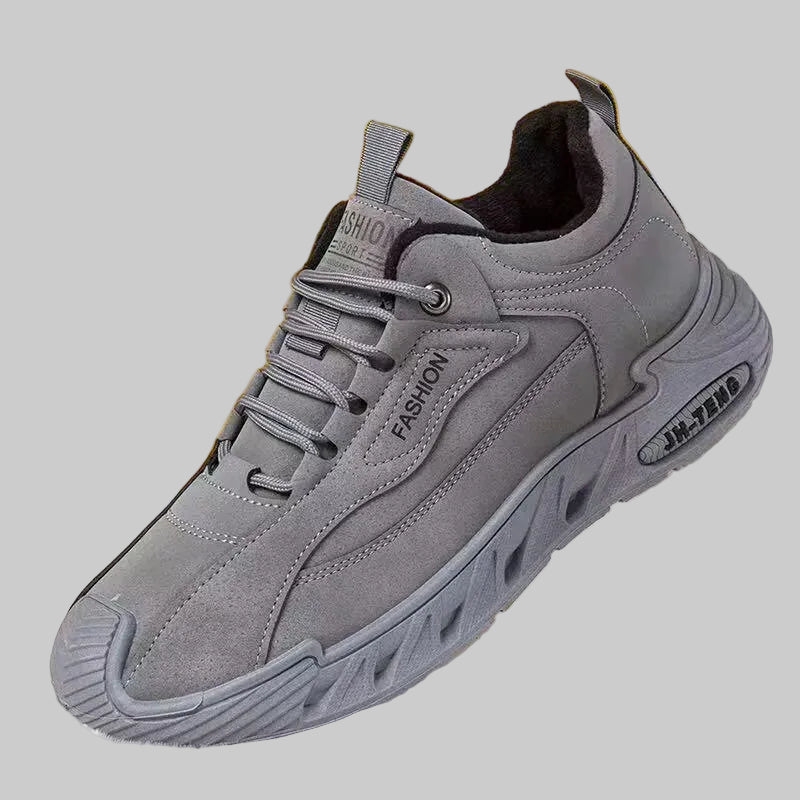 Gray sneaker with 'Fashion' text on a yellow background
