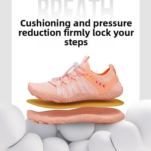 A coral pink athletic shoe floating above a yellow cushioning layer, with text reading 'Cushioning and pressure reduction firmly lock your steps' and the word 'BREATHE' faintly in the background.
