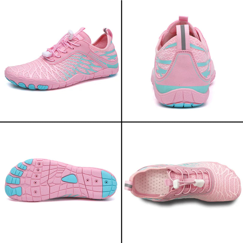 Elorvian MoveEase walking shoe in pink, multiple angle views on white background