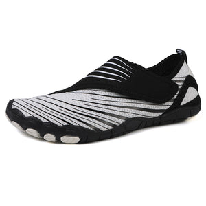 Elorvian AquaFlex black and white barefoot shoes with five-toe sole