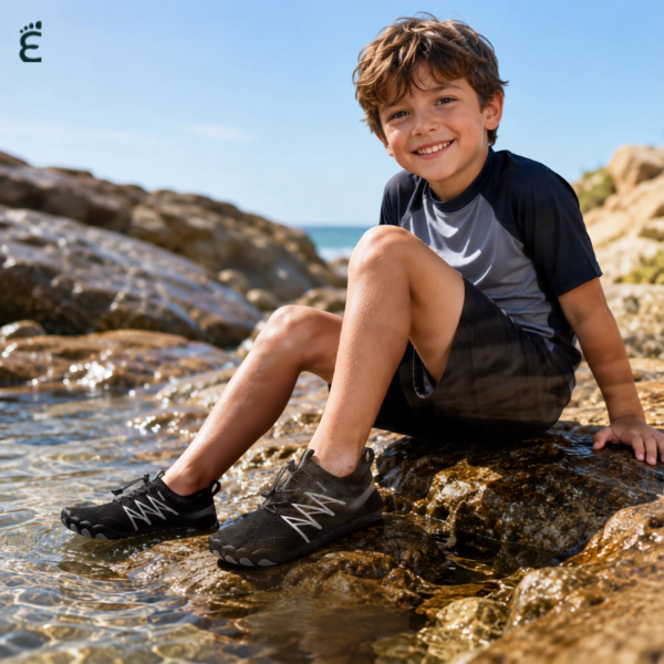 Child wearing black Tidepool Junior quick-dry water shoes on a rocky shoreline