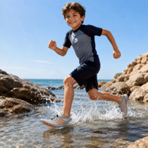 Child wearing gray and orange Tidepool Junior quick-dry water shoes near the water