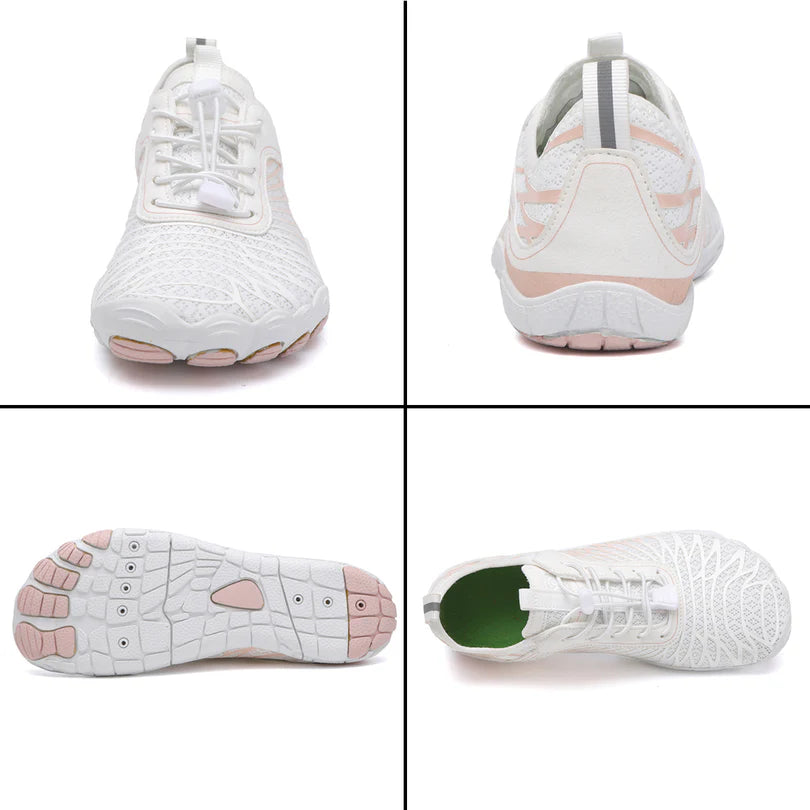 Elorvian MoveEase walking shoe in white, multiple angle views on white background